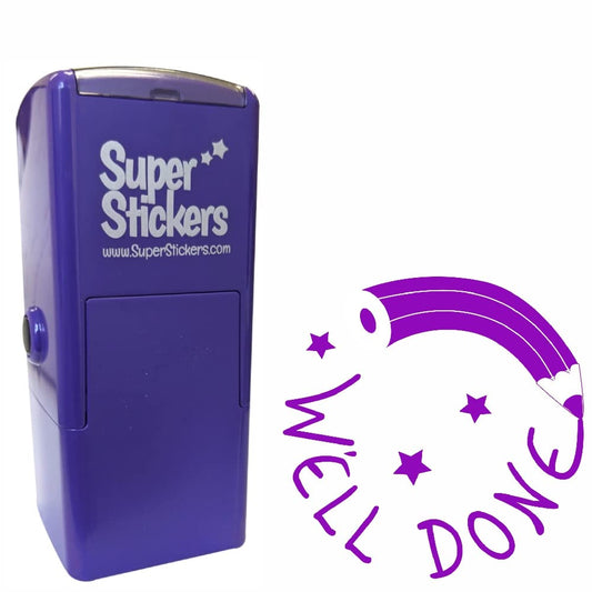 Teacher Stamp - Well Done Pencil Design, Violet Ink, 23x23 mm