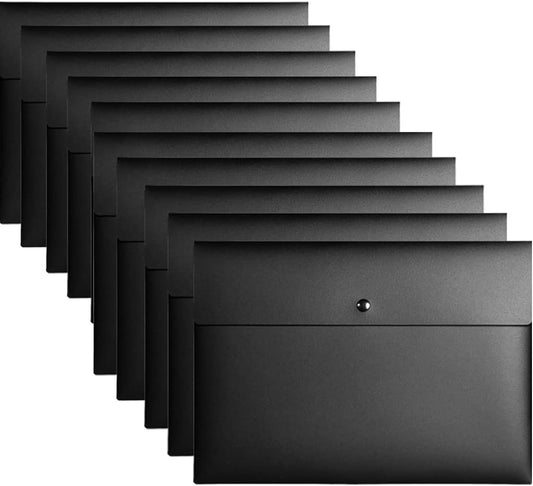 10Pcs A4 Black Plastic Wallets with Snap Button for Document Storage