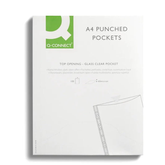 Q-Connect Delux A4 Clear Punched Pockets with Green Strip (Pack of 100)-CentralDepot247