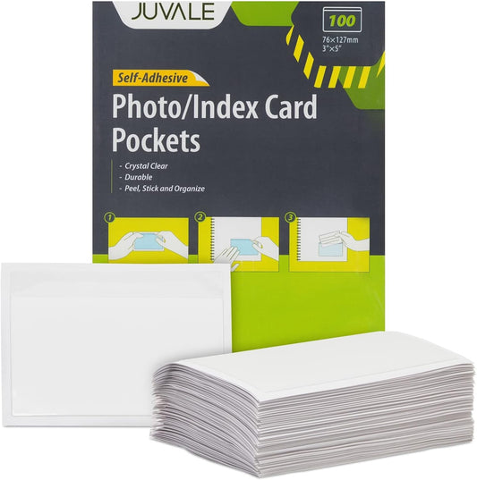 100 Pack Clear Self-Adhesive Pocket Label Holders for 3x5 Index Cards