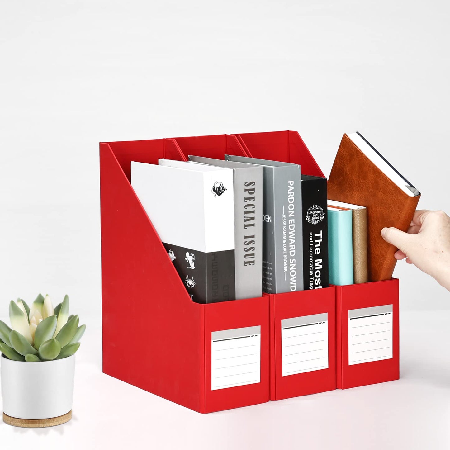 Red Magazine Holder, Cardboard File Organizer (Pack of 3)