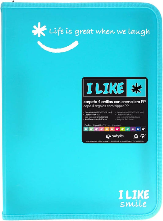Zipper Ring Binder A4+, Light Blue, 4 Rings 25mm, I Like Smile Series-CentralDepot247