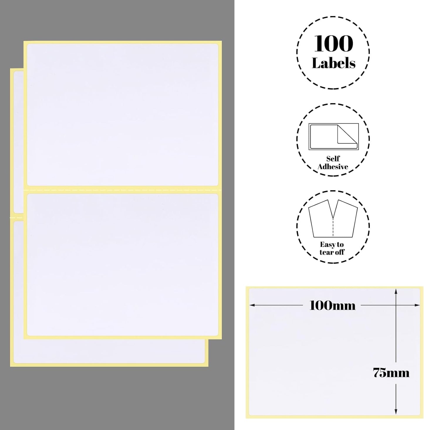 100 Large Plain White Sticky Postage Labels 100 x 75 mm, Self Adhesive