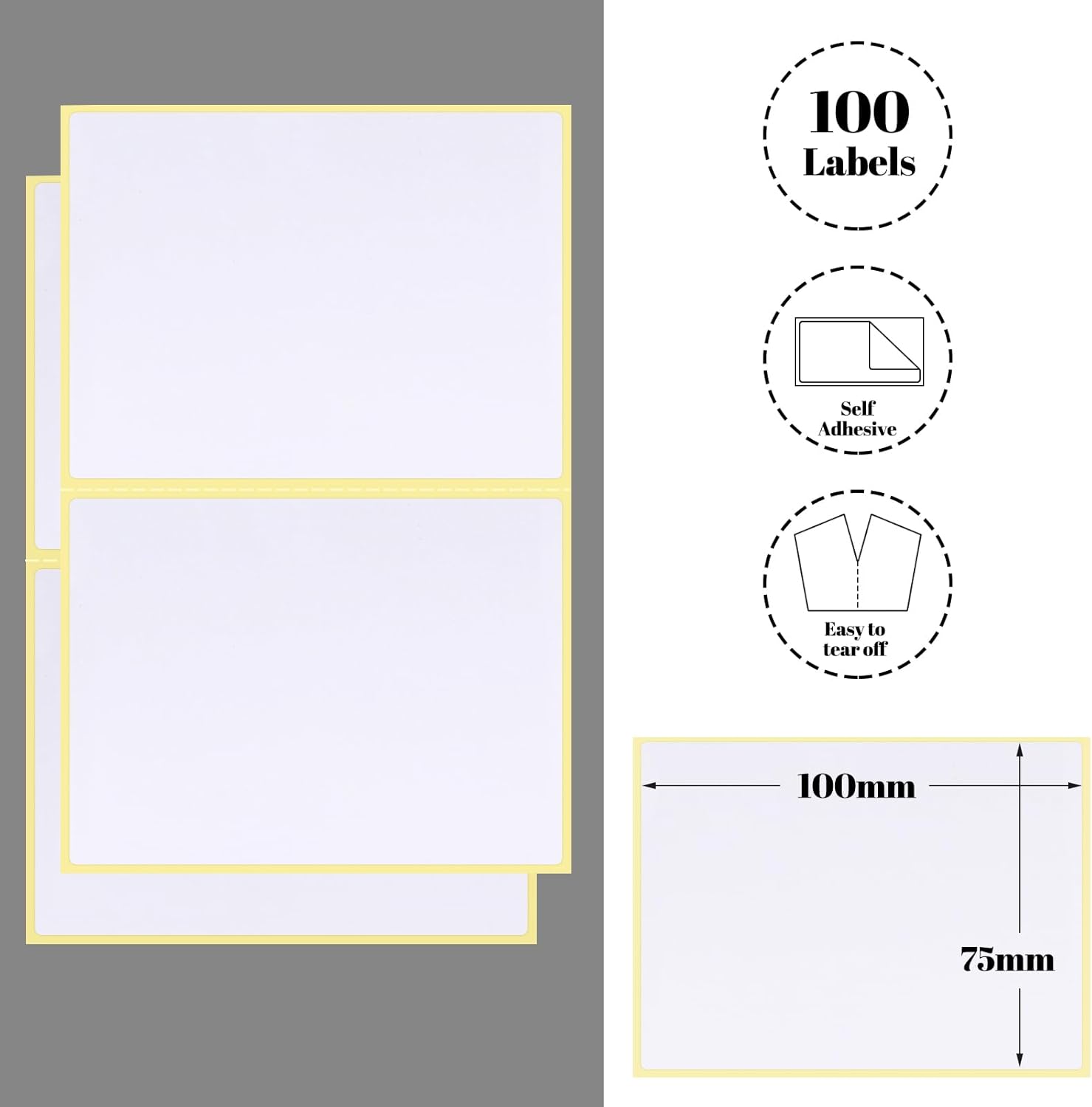 100 Large Plain White Sticky Postage Labels 100 x 75 mm, Self Adhesive