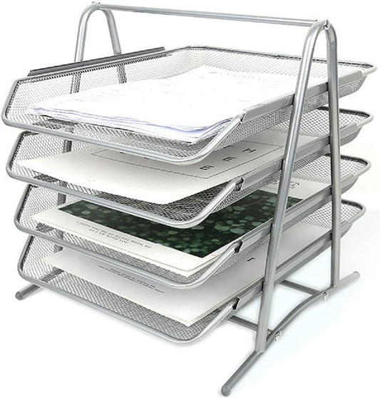 Silver Wire Mesh 4 Tier Letter Tray - A4 Document Organizer-CentralDepot247