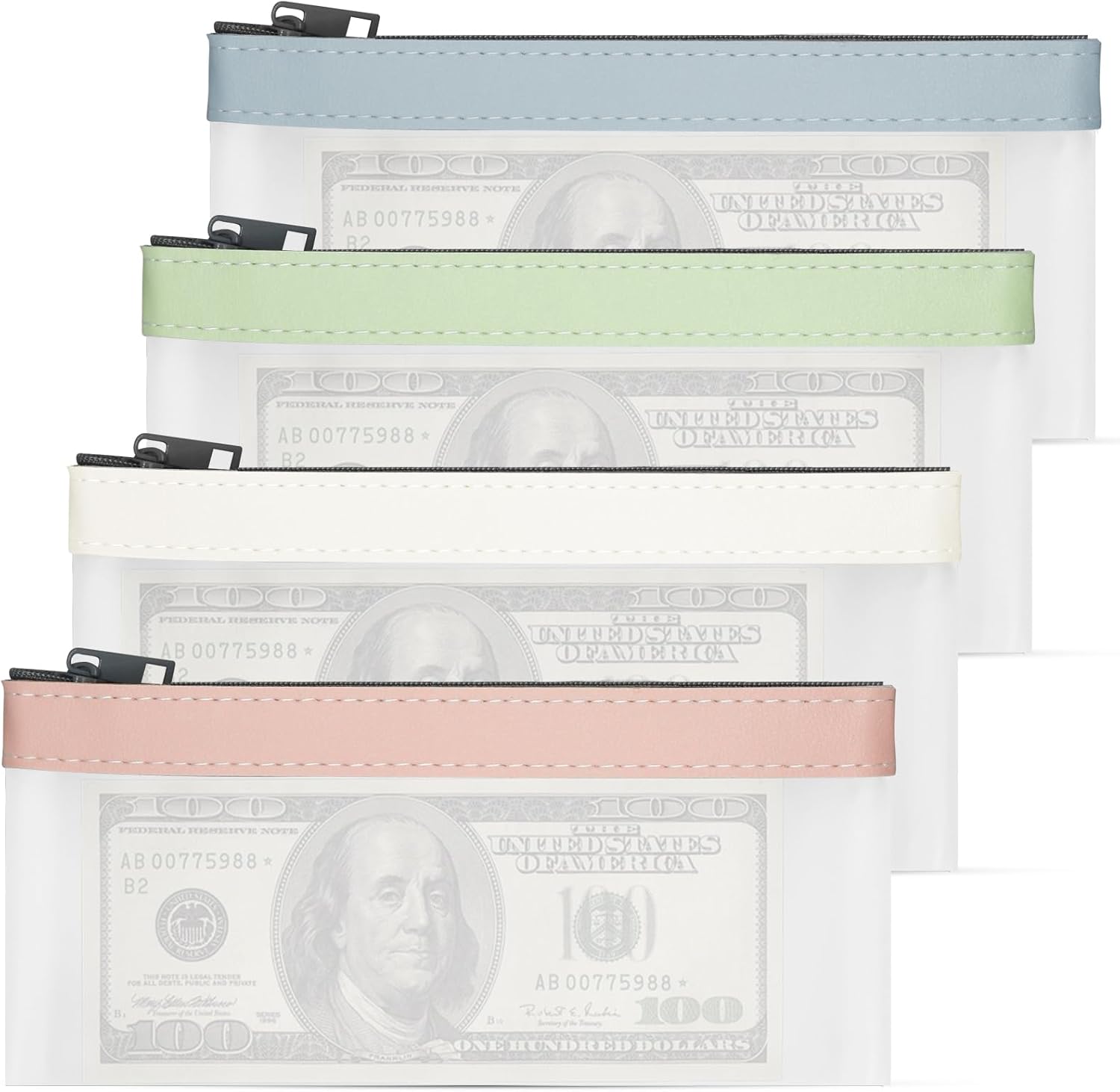 4Pcs Zipper Money Bags - Clear Cash Organizer in 4 Colors