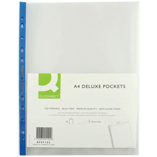 Q-Connect Deluxe A4 Punched Pocket with Blue Strip - Pack of 25-CentralDepot247