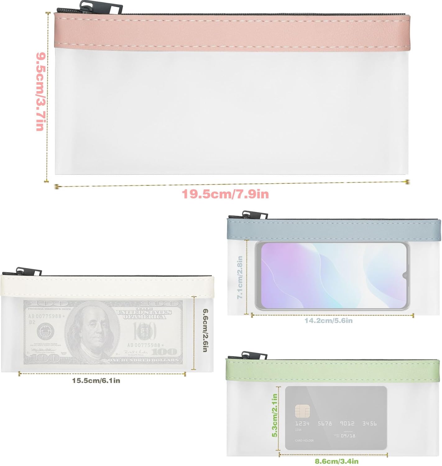 4Pcs Zipper Money Bags - Clear Cash Organizer in 4 Colors