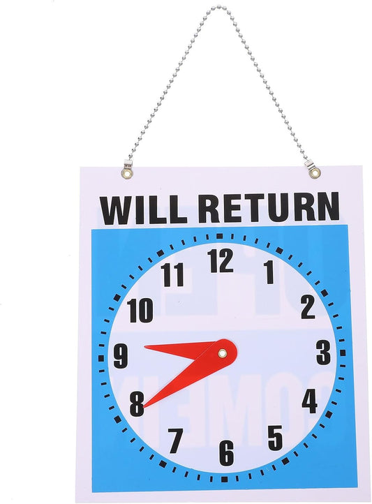 Will Return Clock Office Hours Sign for Shops and Stores