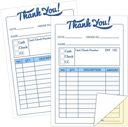 Thank You Receipt Book - Carbonless Invoice Pad, 3.4x5.5 Inch, 50 Sets