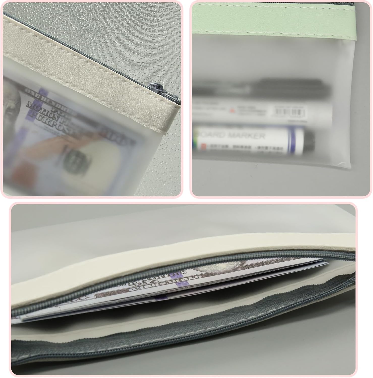 4Pcs Zipper Money Bags - Clear Cash Organizer in 4 Colors