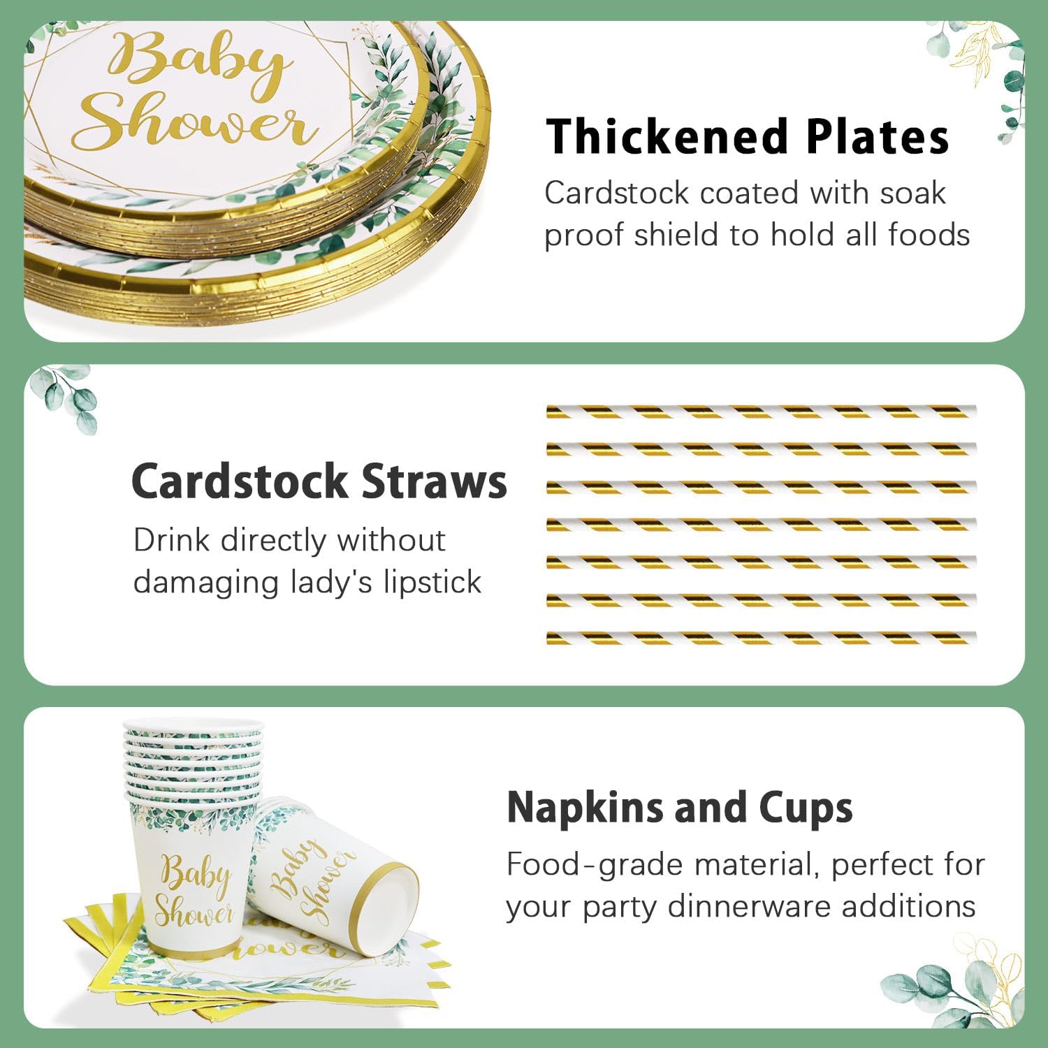 Sage Green Baby Shower Tableware Set for 25 Guests - 125 Pieces