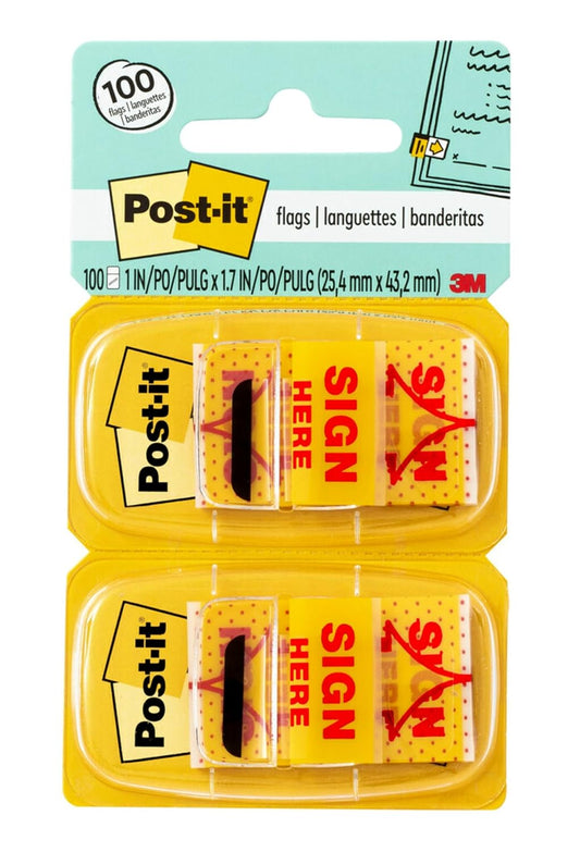 Post-it Message Flags, Sign Here, Yellow, 1 in. Wide, 2 Dispensers