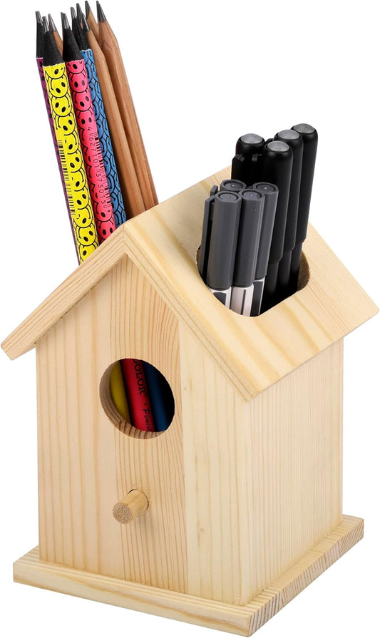 Wooden Birdhouse Pen & Pencil Holder for Desk - Organiser & Storage Pot-CentralDepot247
