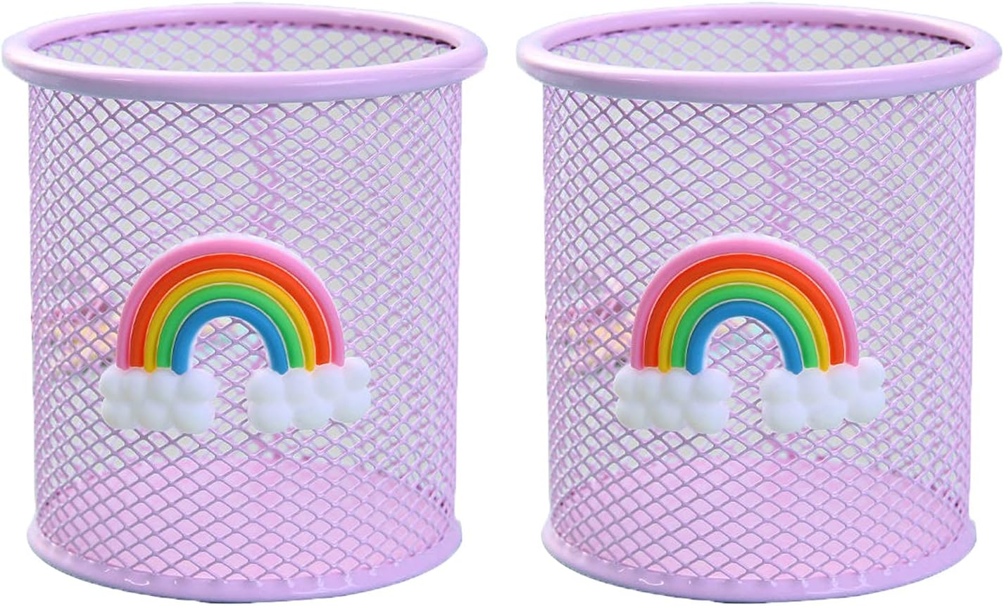 Round Rainbow Pattern Metal Mesh Pen Holder - 2 Pack Pink-CentralDepot247