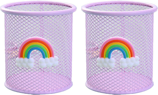 Round Rainbow Pattern Metal Mesh Pen Holder - 2 Pack Pink-CentralDepot247