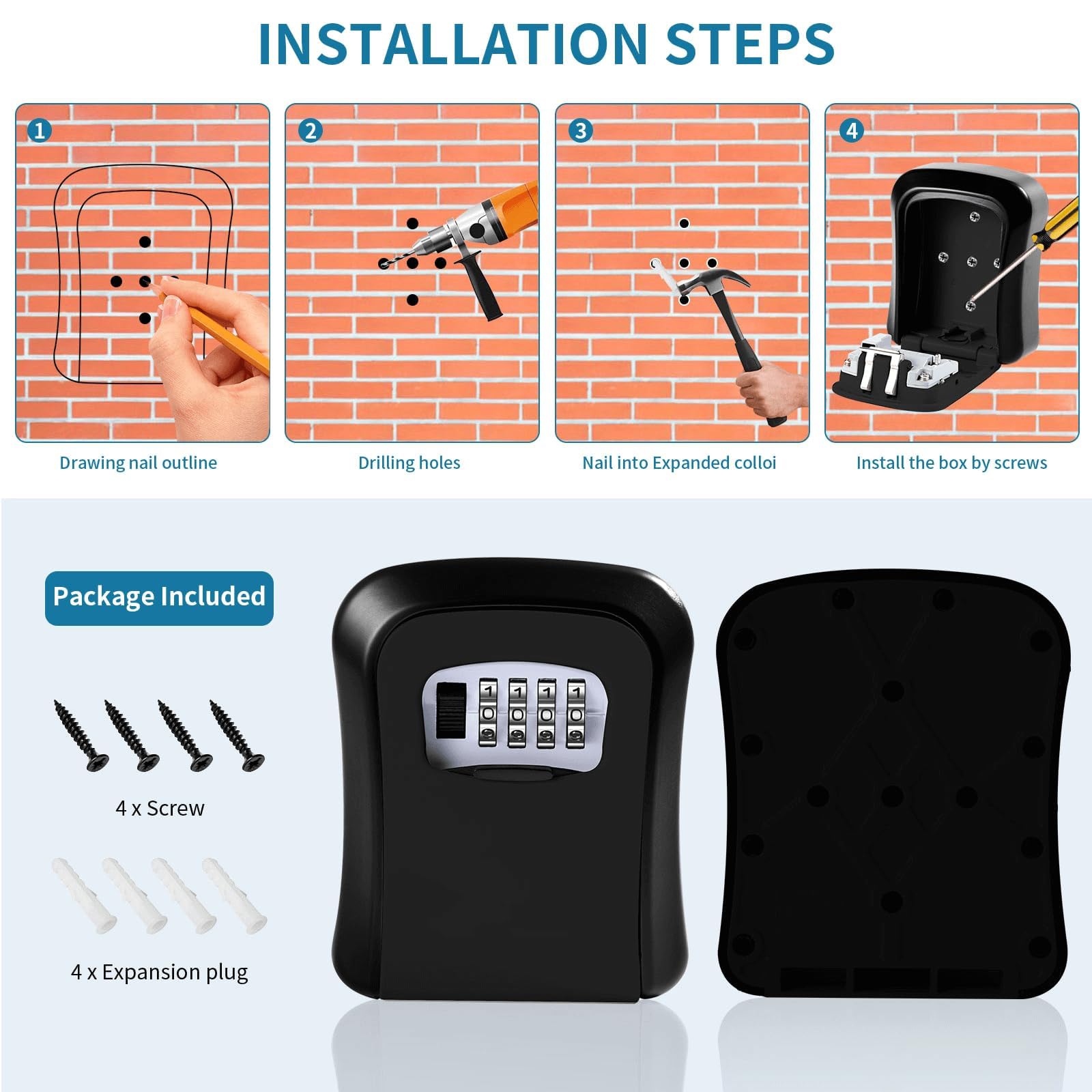 Wall Mounted Key Safe - 4 Digit Combination Lock Box for Indoor/Outdoor