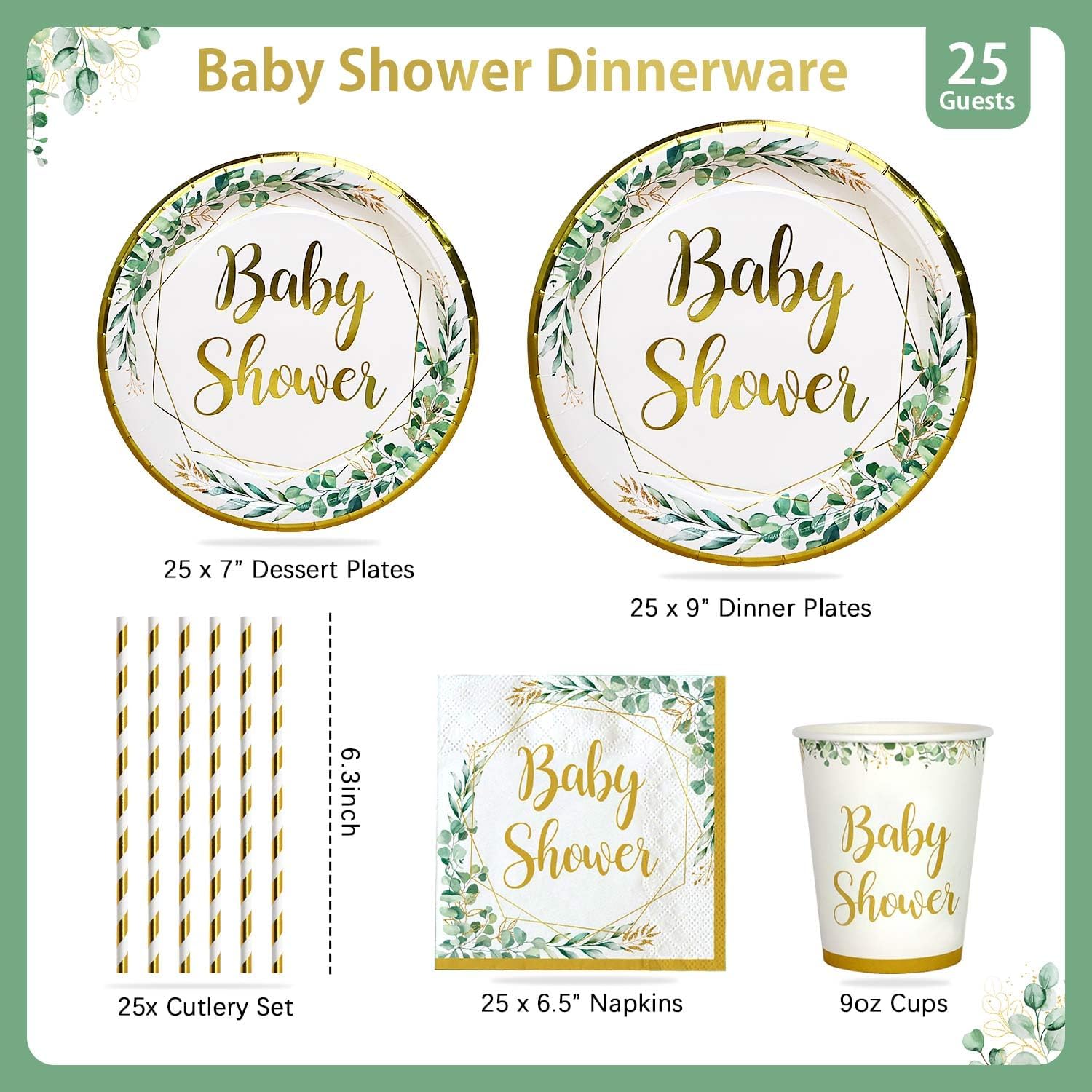 Sage Green Baby Shower Tableware Set for 25 Guests - 125 Pieces