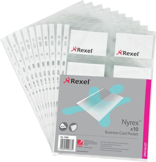 Rexel Nyrex Business Card Pocket Multipunched A4 Clear - Pack of 10