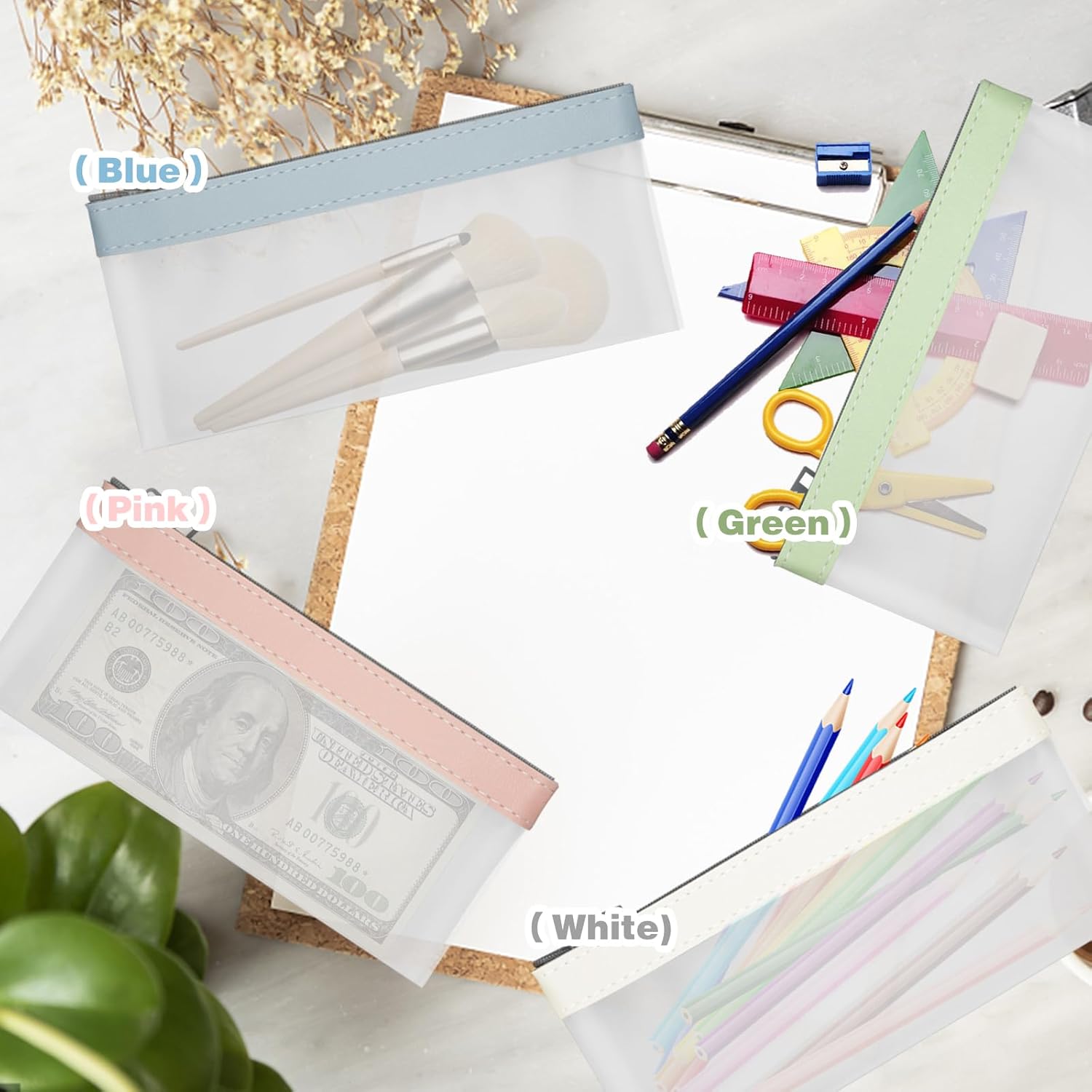 4Pcs Zipper Money Bags - Clear Cash Organizer in 4 Colors