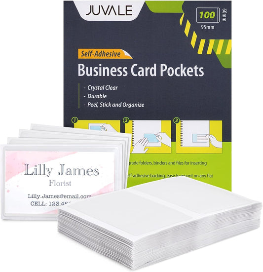 100-Pack Clear Business Card Pockets - Self-Adhesive Holders