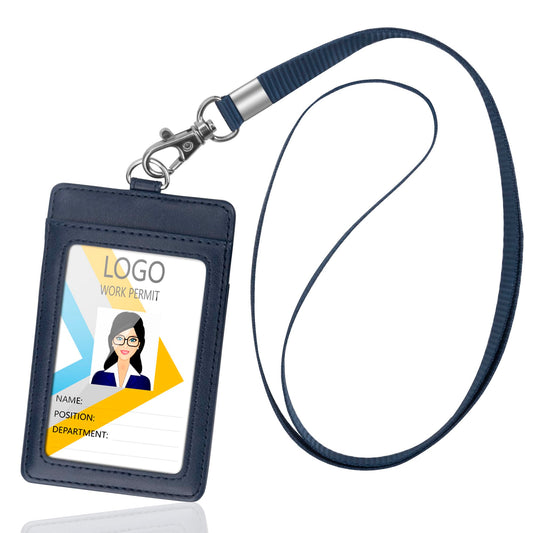Vertical PU Leather ID Badge Holder with Lanyard - Black