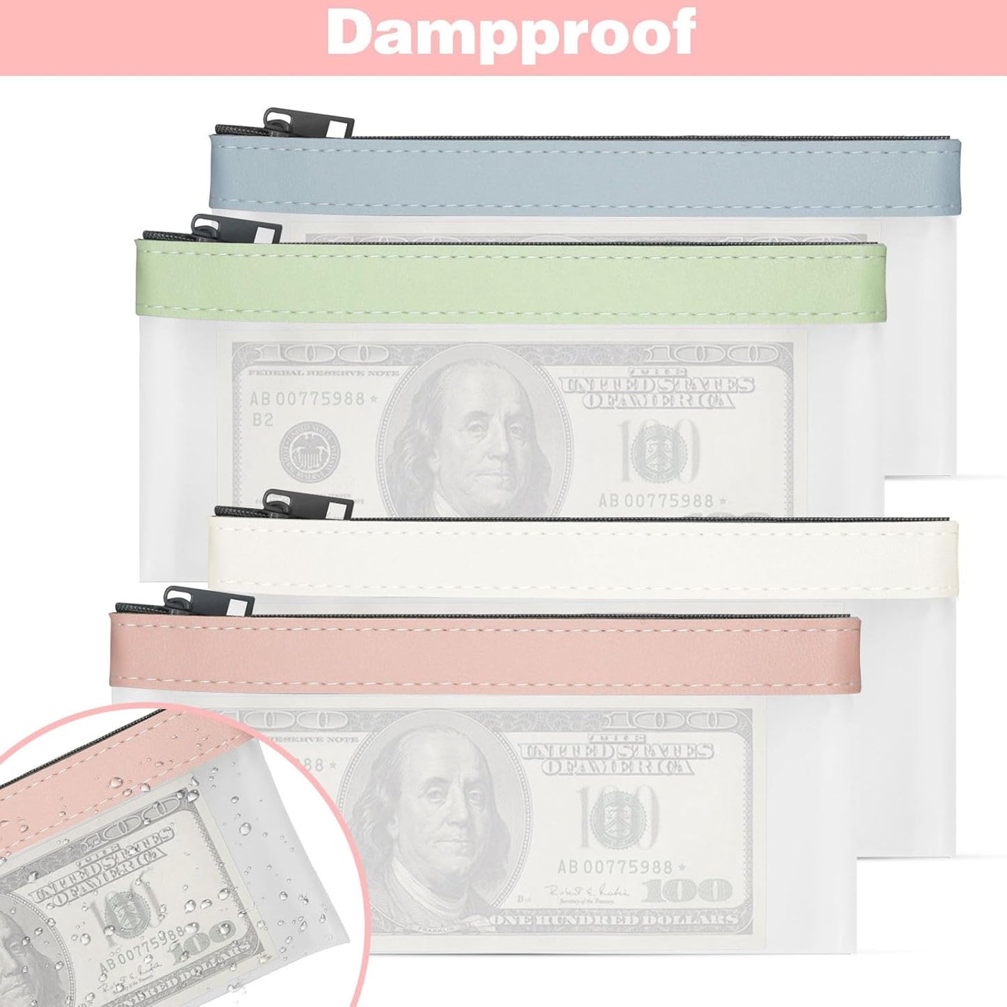 4Pcs Zipper Money Bags - Clear Cash Organizer in 4 Colors