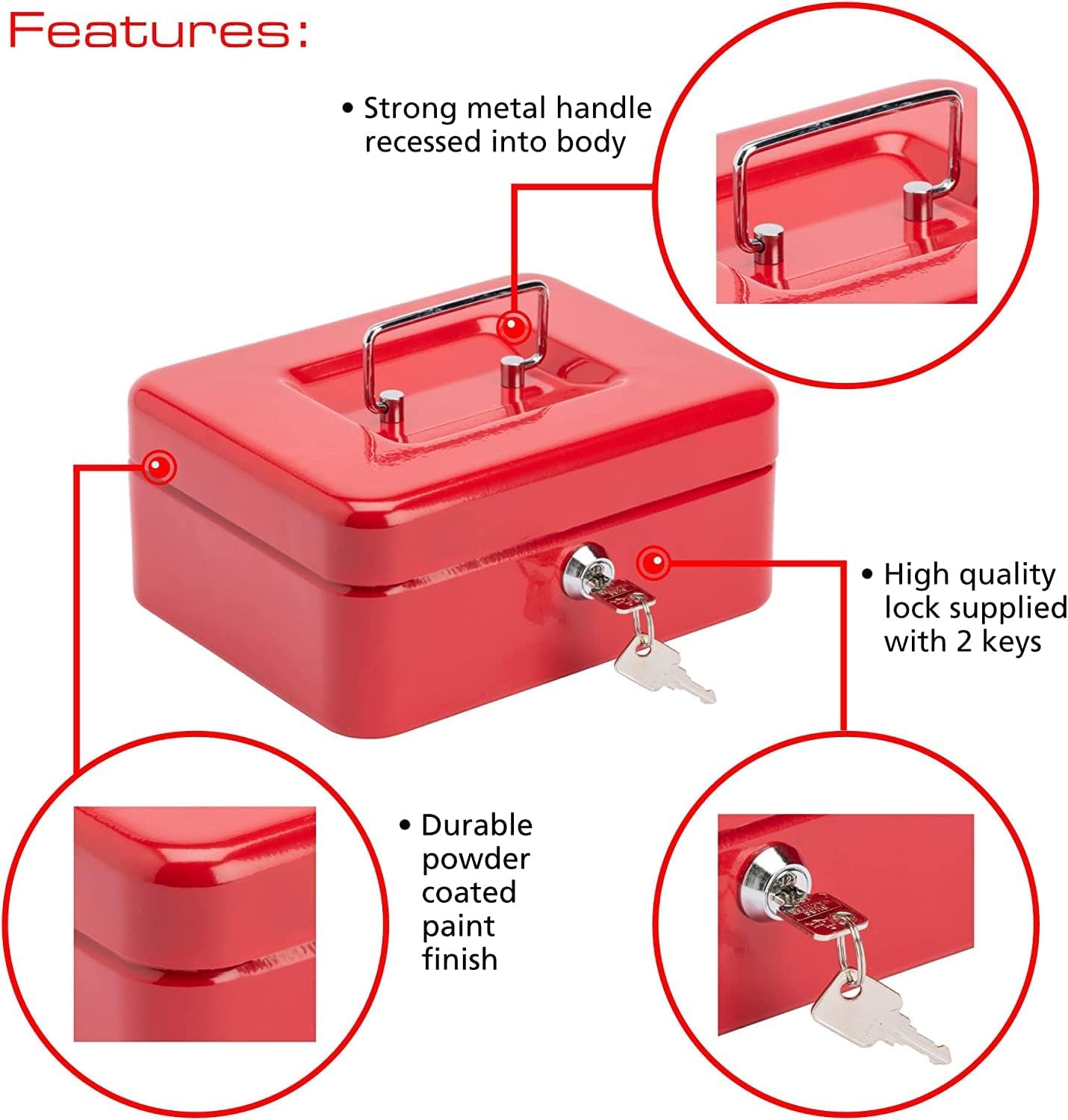 10" Red Steel Safe Security Cash Box with Key Lock