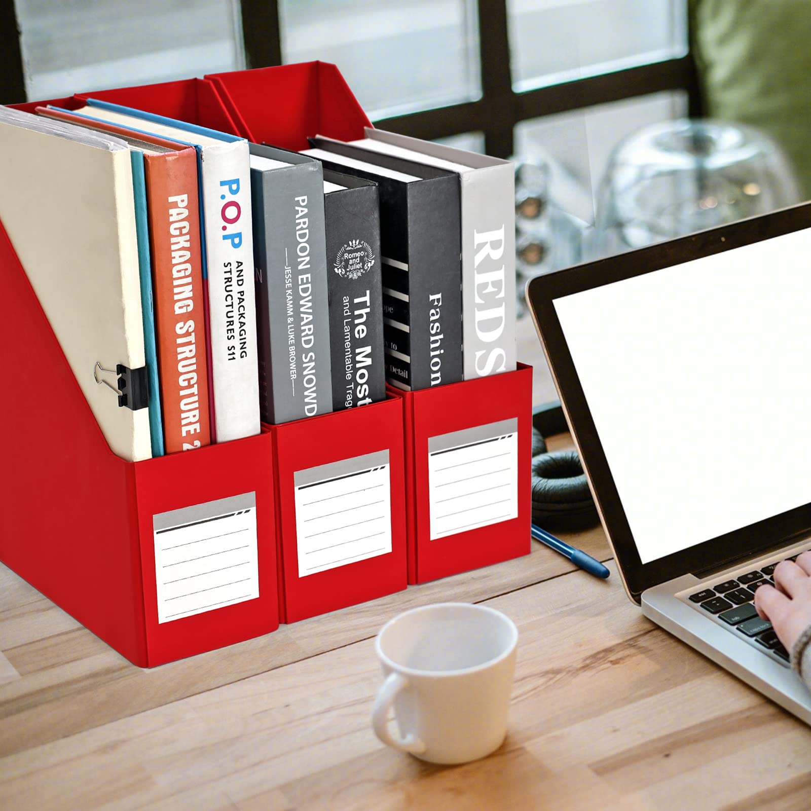 Red Magazine Holder, Cardboard File Organizer (Pack of 3)
