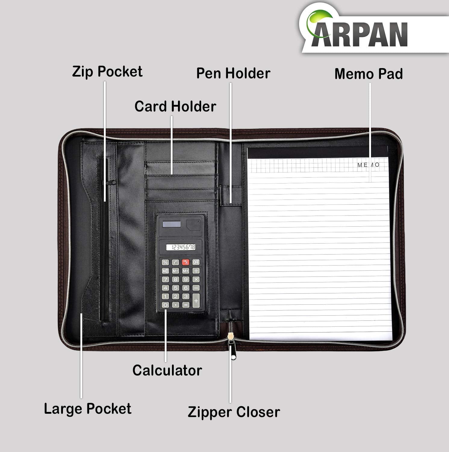 Soft Touch Conference Folder Portfolio A4 with Calculator - Brown-CentralDepot247