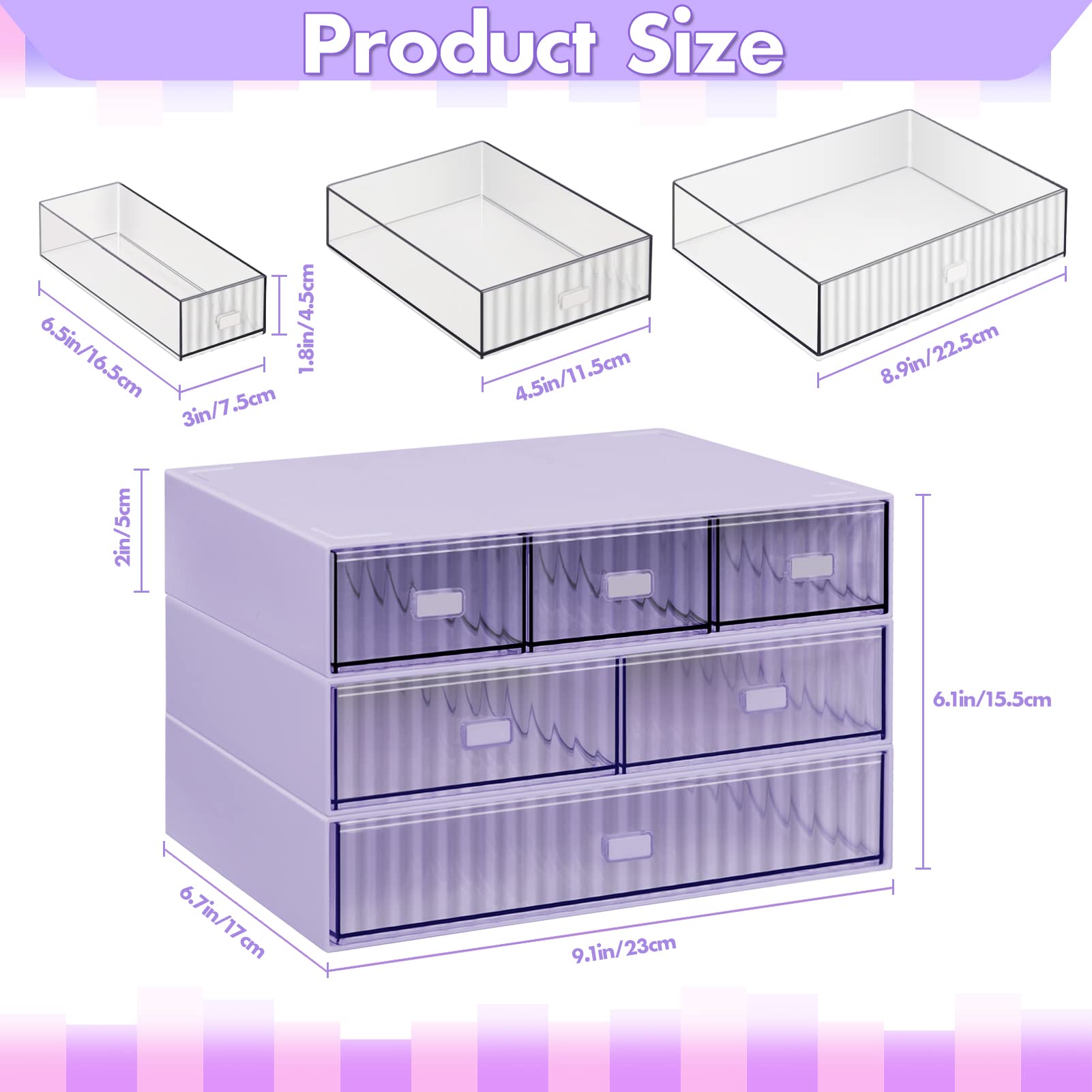 Stackable 3-Tier Desk Organizer with 6 Drawers - Purple-CentralDepot247