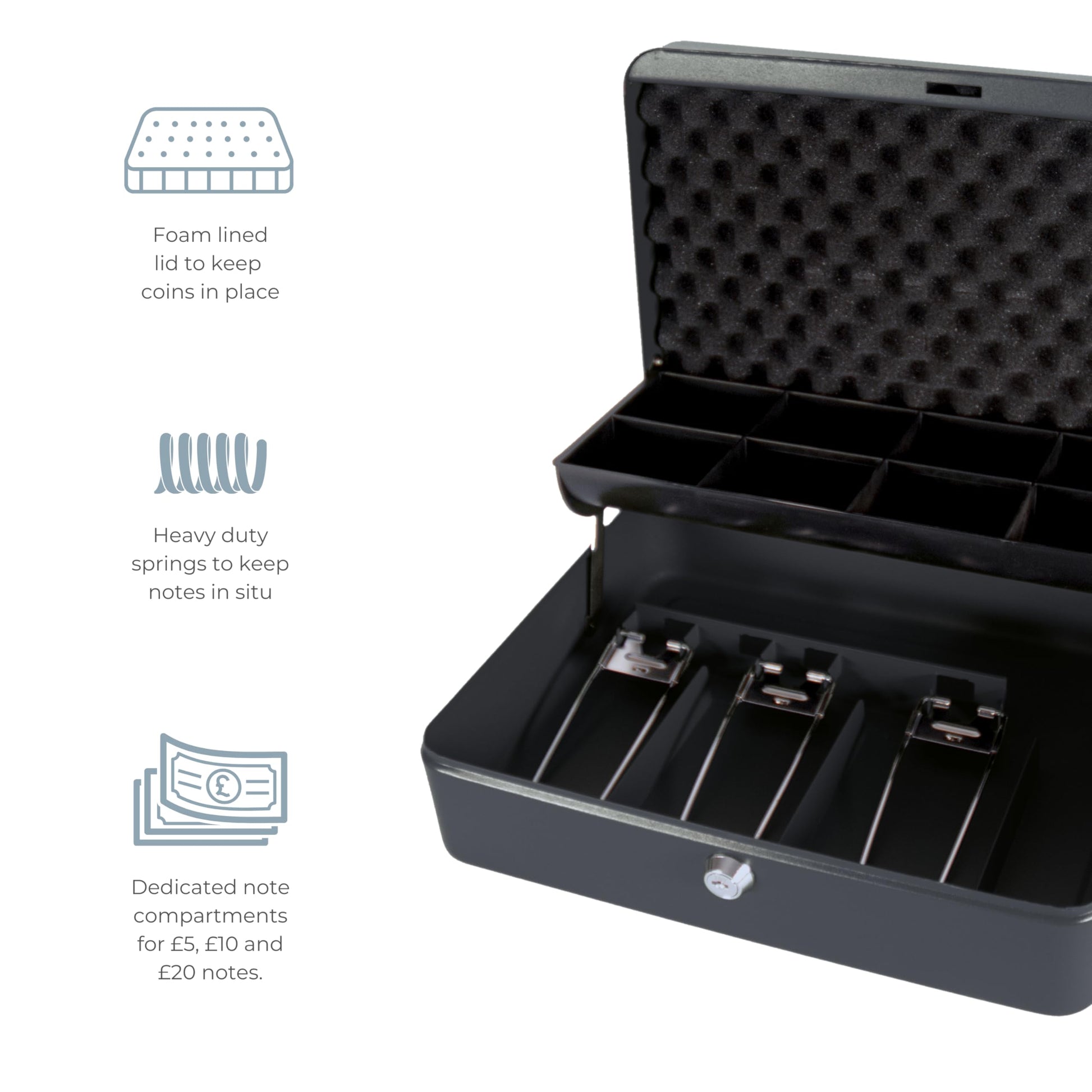 The Ultimate Cash Box with Foam Lining & Cantilever Coin Tray - Black