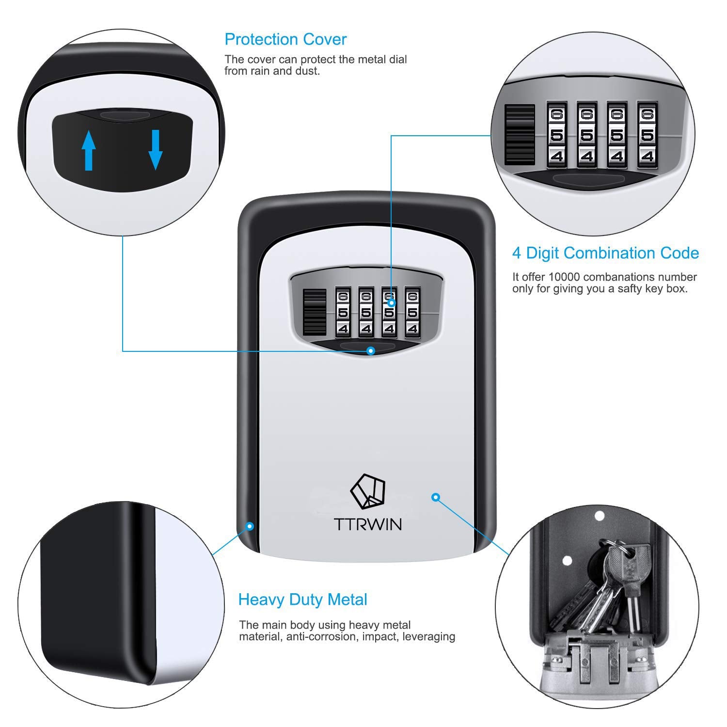 TTRWIN Key Lock Box with 4-Digit Combination Lock, Waterproof & Wall Mounted
