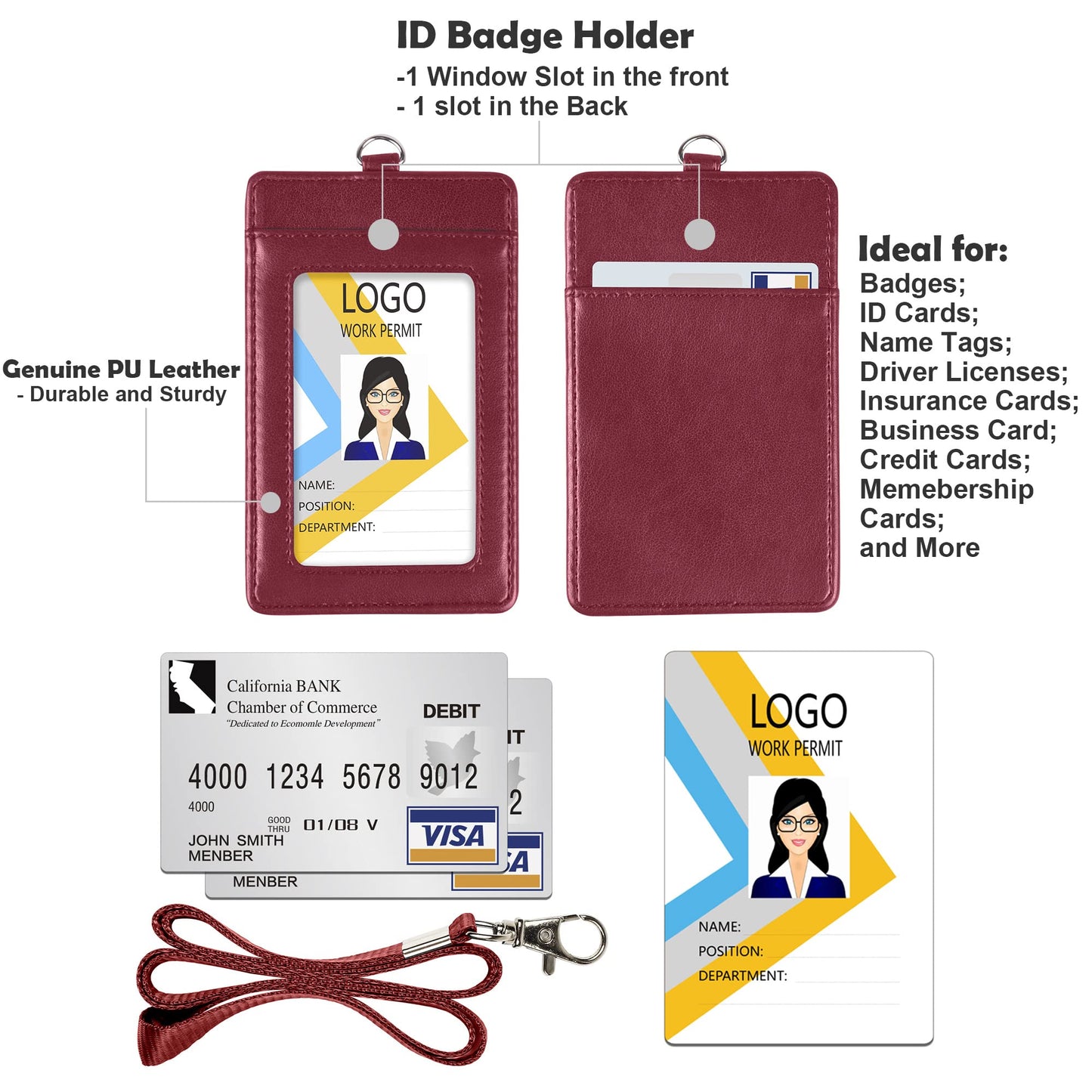 Vertical PU Leather ID Badge Holder with Lanyard - Black