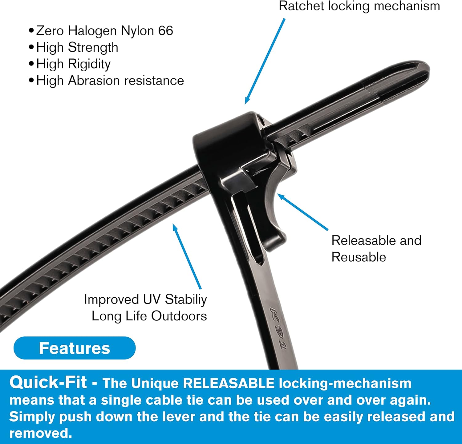 100 Pack Releasable Black Cable Ties - 300mm x 7.6mm (12 inch)-CentralDepot247