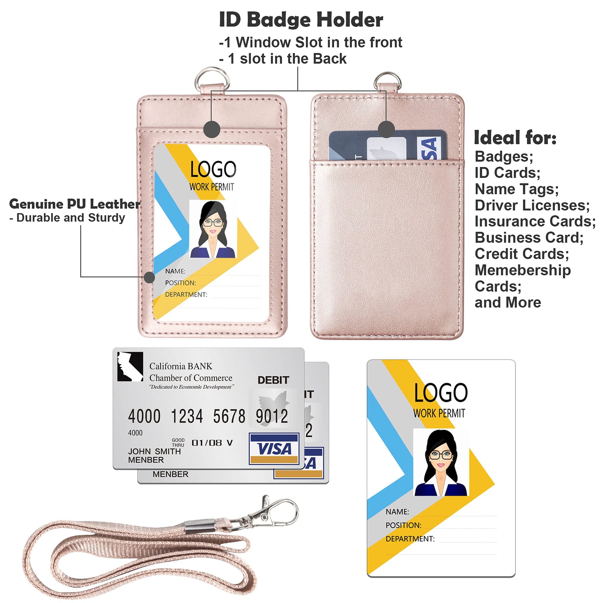 Vertical PU Leather ID Badge Holder with Lanyard - Black