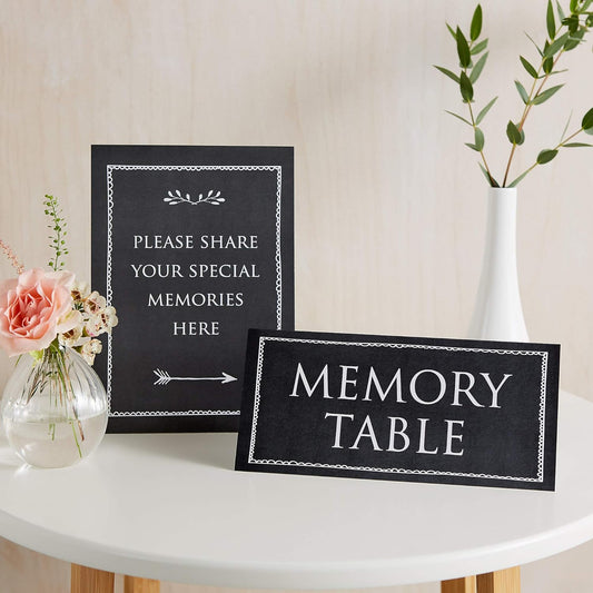 Set of 2 Card Signs 'Memory Table' & 'Share Your Memories' - Black