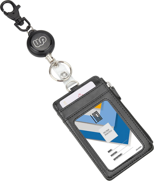 Retractable ID Badge Holder with Zipper Pocket - Black, Vertical