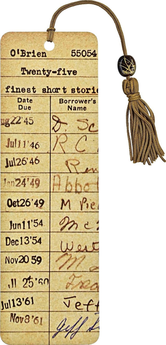 Vintage Library Card Beaded Bookmark with Tassel