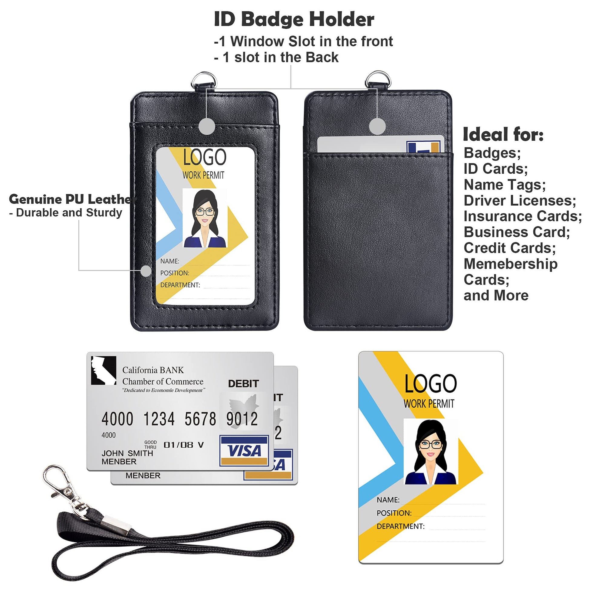 Vertical PU Leather ID Badge Holder with Lanyard - Black