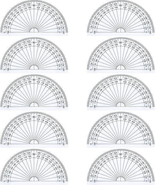 Plastic Protractor for Angle Measurement - 180 Degrees, 4 Inches, Clear, 10 Pack