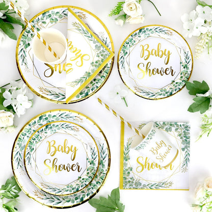 Sage Green Baby Shower Tableware Set for 25 Guests - 125 Pieces