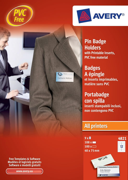 Printable Custom Name Badges with Plastic Cases and Pins - 100 Pack