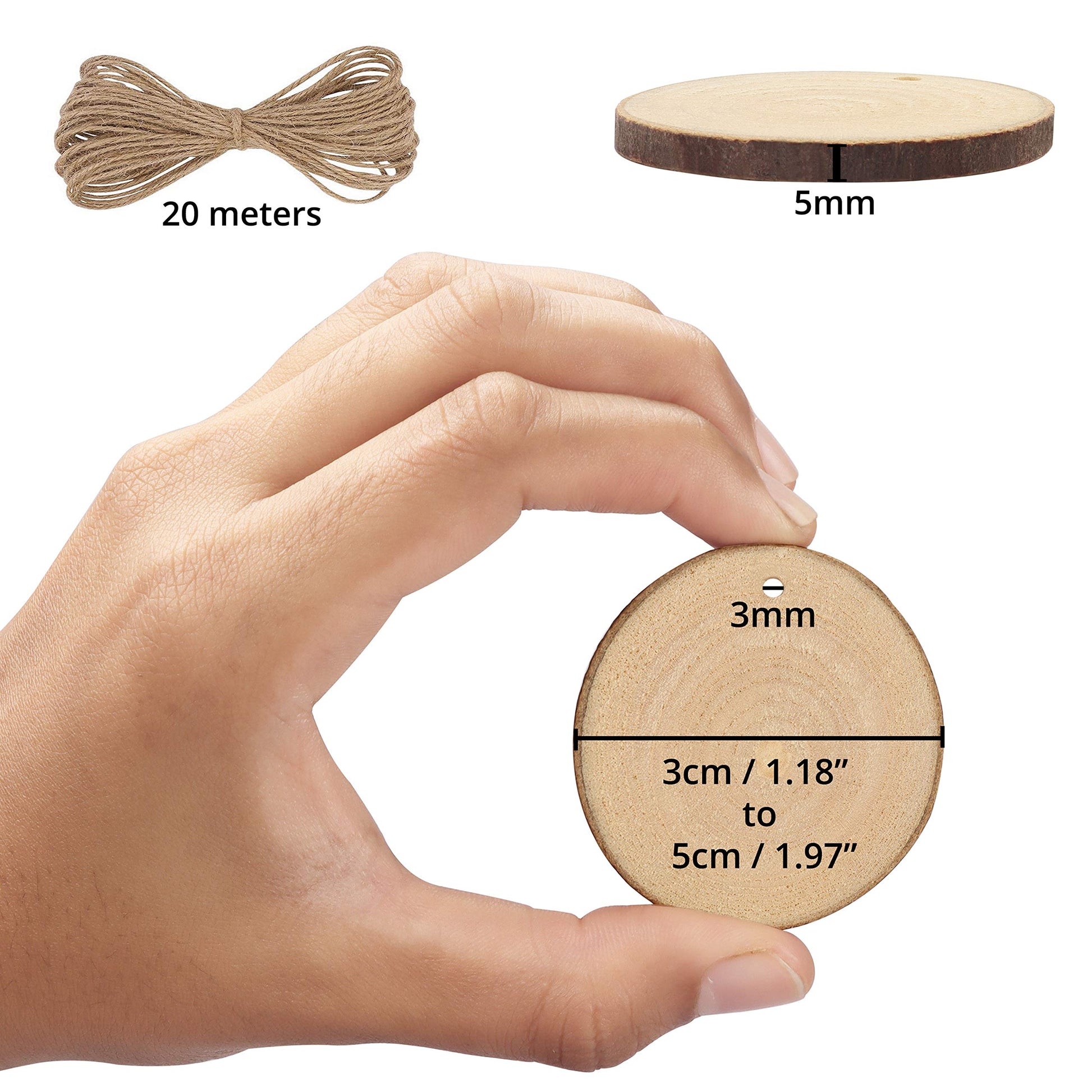 Kurtzy 100 Pack Unfinished Natural Wood Slices - 3-5cm Diameter & 5mm Thick - Predrilled Holes & 20m of Jute Twine - Small Rustic Circle Wooden Discs with Bark - Log Slices for Crafts & Decoration-CentralDepot247