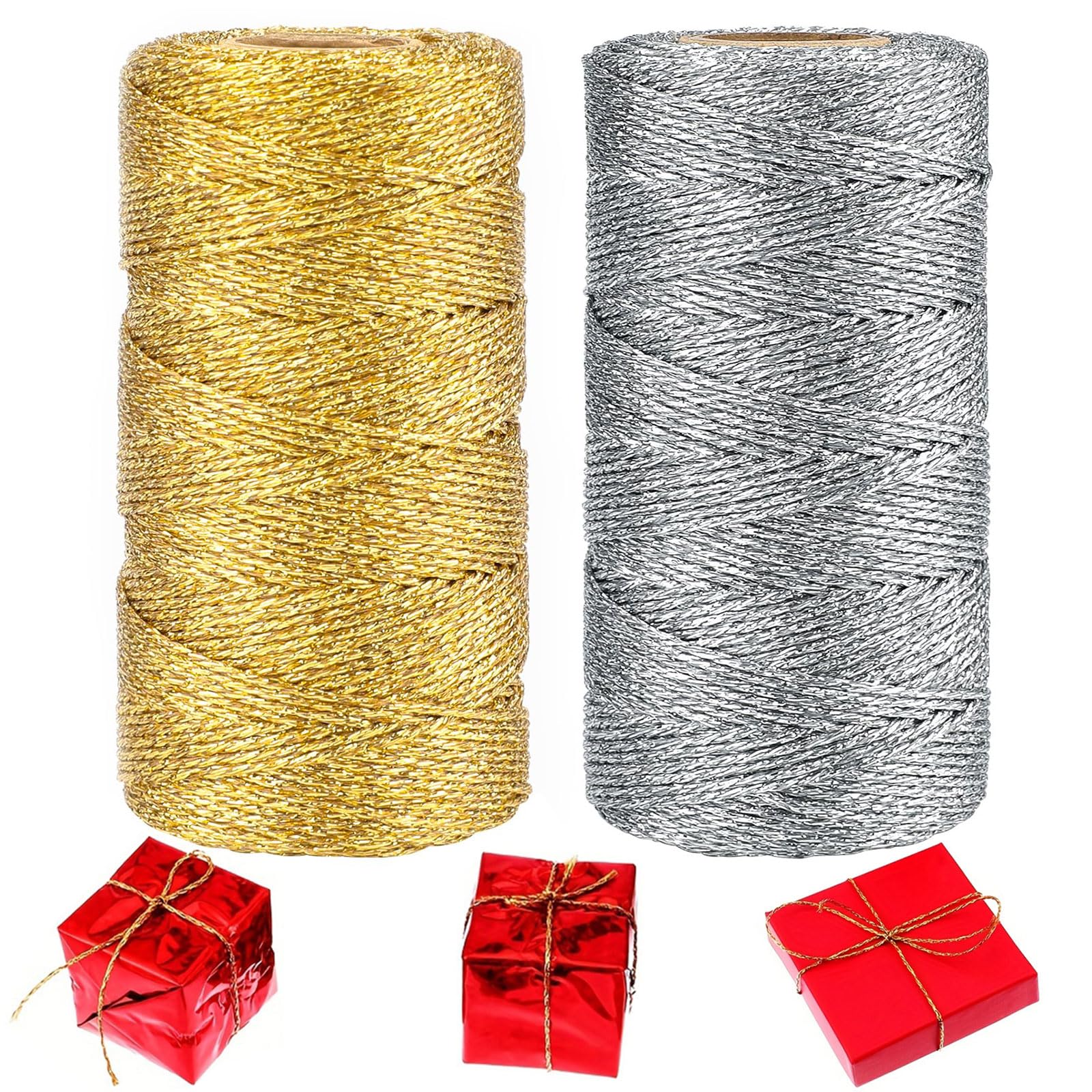 2Pcs Metallic Gold Silver Twine String, Christmas Bakers Package Twine, 1.5MM Metallic Glitter String for Crafts, Jewelry Thread Cord for Crafting DIY Gift Wedding Favors Wrapping Decoration-CentralDepot247